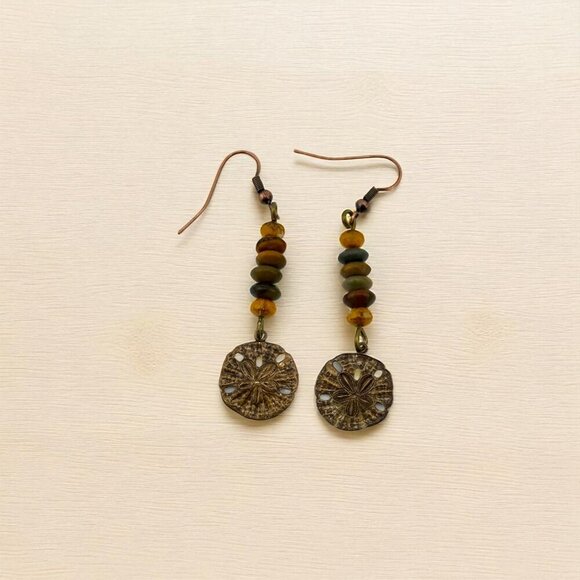 Rustic Natural Brass Sand Dollar Earrings Jasper Beaded Czech Glass Copper Hooks - Picture 5 of 10